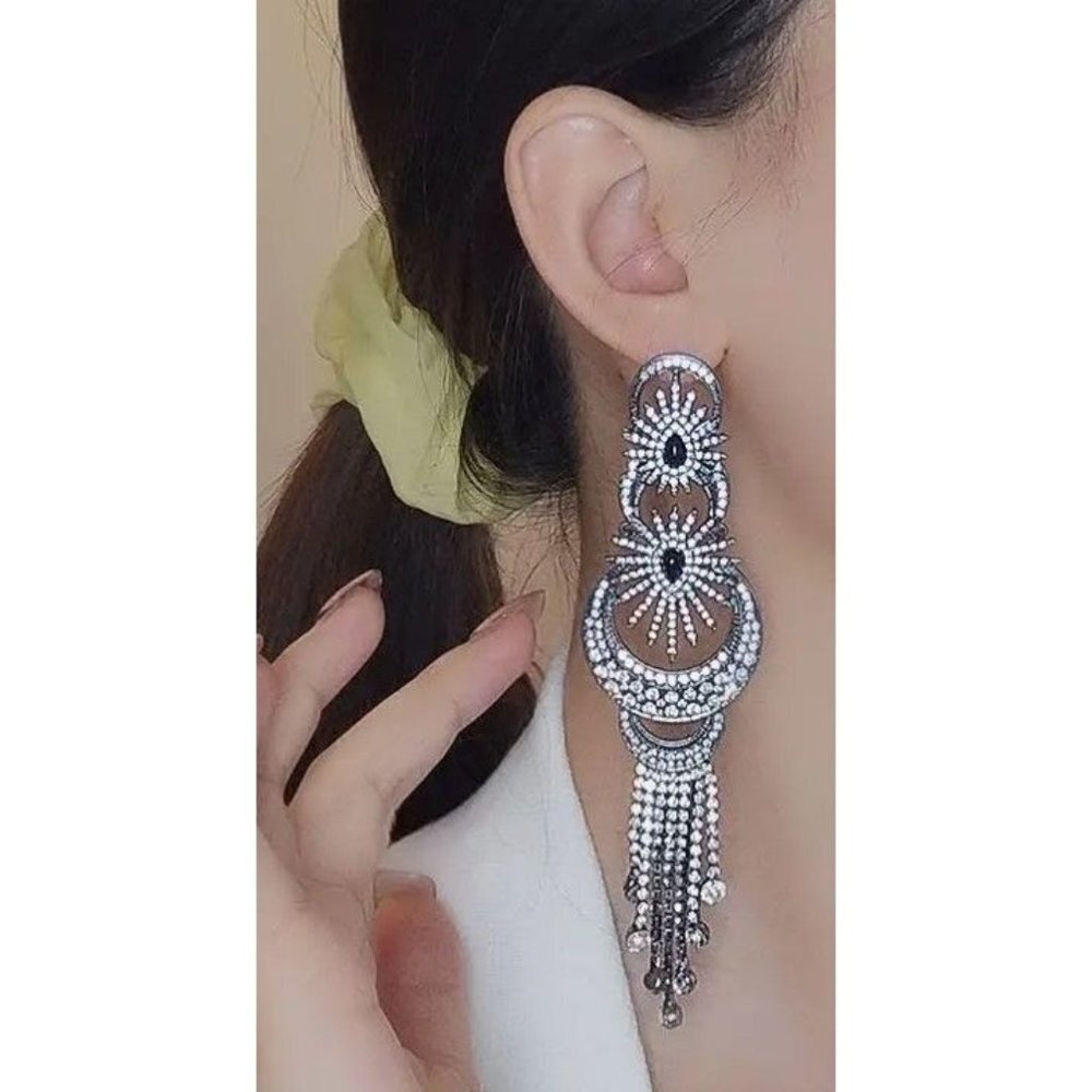 925 Silver Plated  Exaggerate Moon Star Rhinestones Tassel Drop Earrings